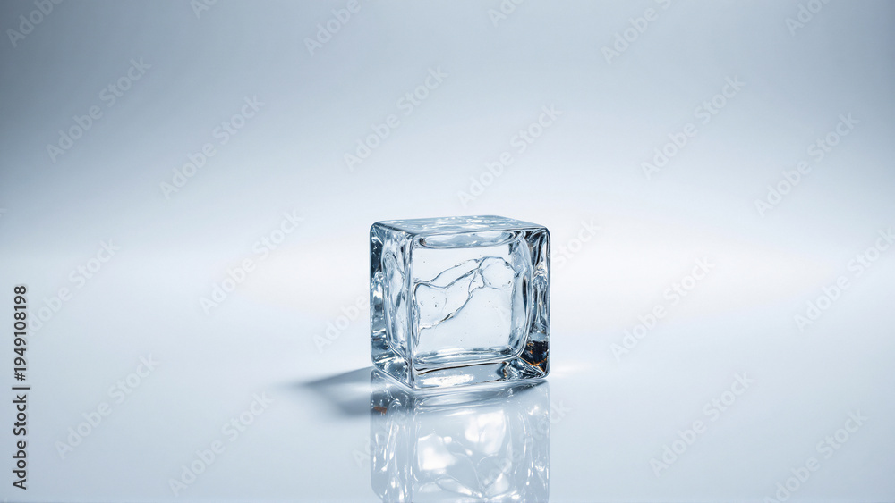 Obraz premium Crystal Clear Ice Cube Reflecting Light on a Smooth, Refreshing Surface