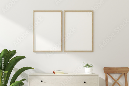 Double Thin Vertical Wooden Frame Mockup with Minimalist Design on Light Wall. 3D render.