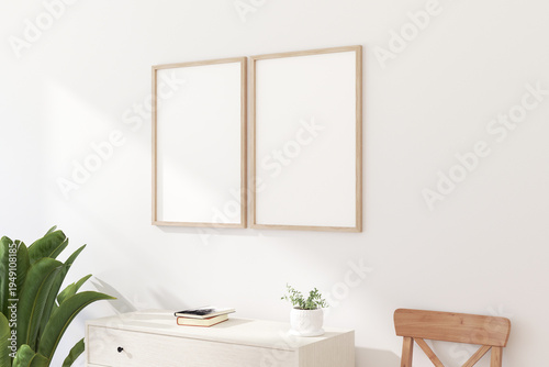 Double Thin Vertical Wooden Frame Mockup with Minimalist Design on Light Wall. 3D render.