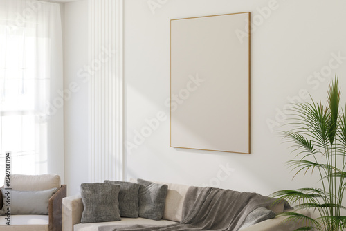 Thin Vertical Wooden Frame Mockup with Minimalist Design on Light Wall. 3D render.