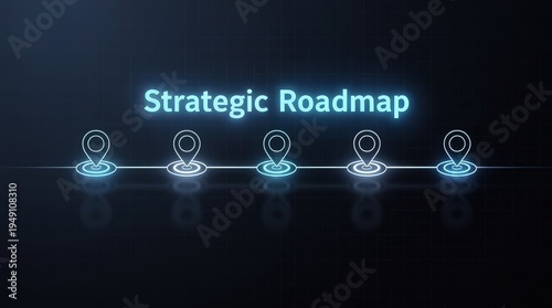 The image features a digital design of a strategic roadmap with glowing markers, symbolizing planning and progress.