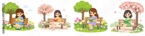 Vector of a woman sitting on a park bench reading a book. Spring theme. Vector, flat, illustration, minimalist, icon, icon set