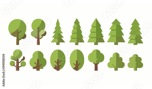 Flat green tree and bush collection vector set isolated nature plant icons for landscape design