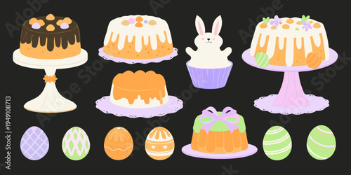 Colorful easter desserts including cakes bunny and decorated eggs