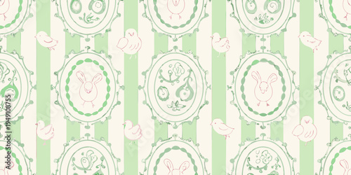 Pastel green and cream pattern featuring rabbits birds and floral motifs