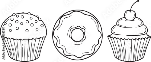 Minimalist Line Art Illustration of Cupcakes and Donut for Bakery Branding