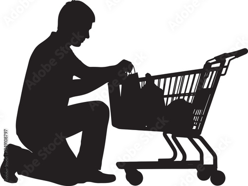 Man Kneeling Loading Groceries into Shopping Cart