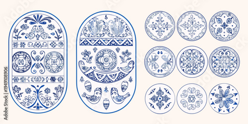 Collection of blue and white decorated pysanky easter egg designs