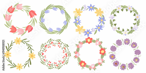 Collection of colorful floral wreaths and flower arrangements displayed neatly