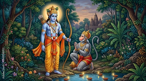 Lord Rama with Bow and Hanuman Devotion Illustration in Forest Temple Setting