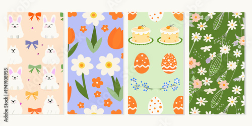 A collection of colorful patterned rectangular cards with easter themes