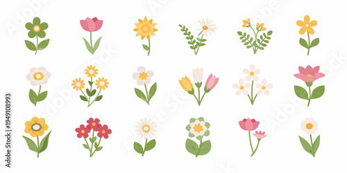 Colorful assortment of cartoon flowers and green foliage on white background