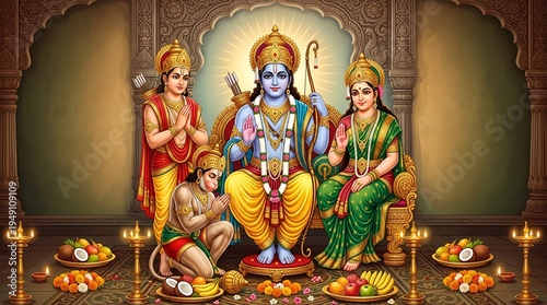 Lord Rama with Sita, Lakshmana, and Hanuman Devotional Temple Illustration