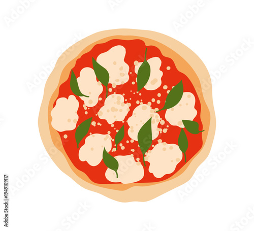 Vector illustration of whole neapolitan tomato sauce, basil and mozzarella pizza. Hand drawn pizza Margherita isolated on white.