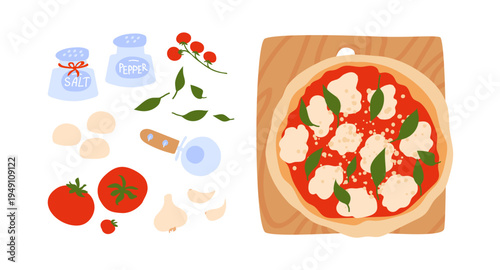 Pizza Margherita with tomato, cheese mozzarella and basil. Set of italian pizza ingredients. Hand drawn vector flat illustration isolated.