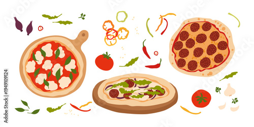 Hand drawn italian pizza set. Whole pepperoni, Margherita, salami pizza and various ingredients. Vector flat illustration isolation on white background.