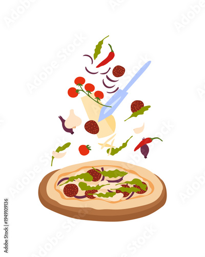 Cute pizza ingredients. Pizza with pepperoni, tomato, onion, arugula, parmesan cheese and basil. Hand drawn vector illustration isolated on white.