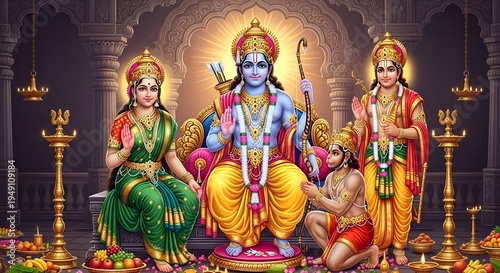 Lord Rama with Sita, Lakshmana, and Hanuman Devotional Temple Illustration