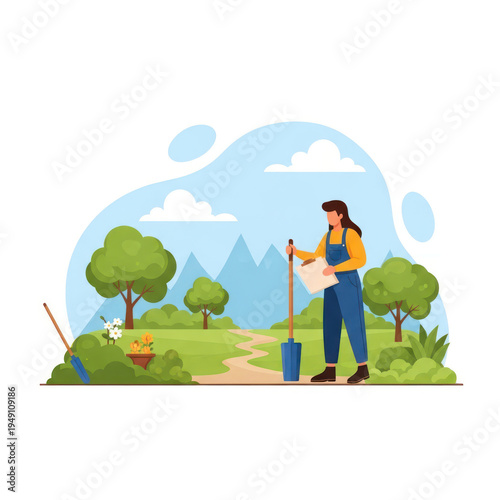 Gardener Planting in an Outdoor Scene with Tools, Trees, and Rolling Green Landscape.