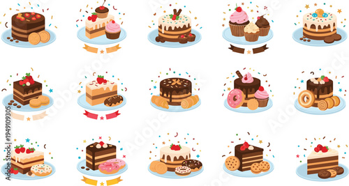 Collection of delicious cake and dessert vector illustrations featuring chocolate layers cupcakes donuts and cookies with festive confetti for bakery branding and birthday party designs.