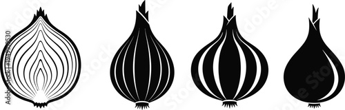 Onion vegetable collection sliced onion layers and whole bulb silhouette cooking ingredient food illustration kitchen vector set isolated