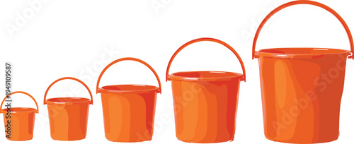 Orange plastic paint buckets set different sizes construction containers with handles isolated on white background renovation supplies vector illustration