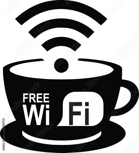 Free Wi-Fi Coffee Shop Sign Vector Icon, Wi-Fi Hotspot Icon for Cafe or Restaurant