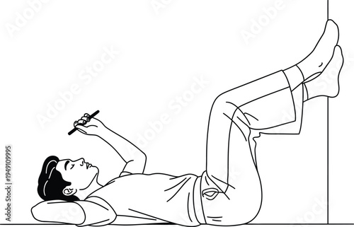 Bored or upset boy looking at smartphone watching social media accounts of friends. Man spend time surfing social network and being lazy vector illustration. Unhappy sad frustrated depressed teen