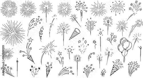 Collection of various firework explosion designs isolated on transparent background