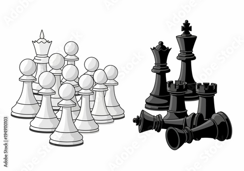 Black and white chess pieces standing.
