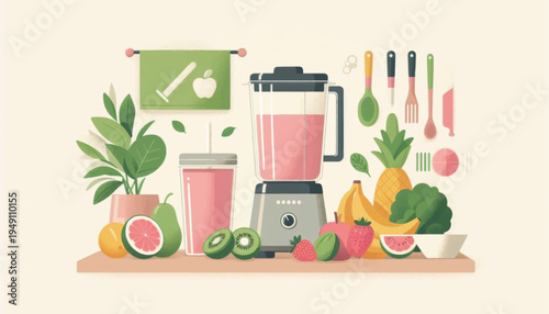 Blender with Pink Smoothie and Ingredients.