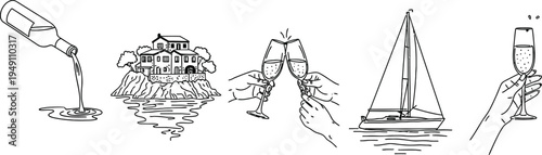 Hand draw dolce vita doodle posters placards or party invitations. Vector illustration of people drinking wine or champagne on sea coast vacation. Minimalist line art drawings for invitations, prints 