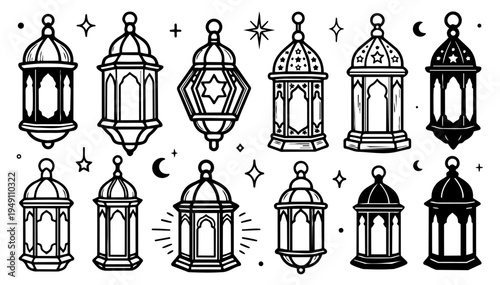 Hand drawn doodle vector set of traditional ramadan lanterns in clean sketchy ink pen style with clean black outlines isolated on white background