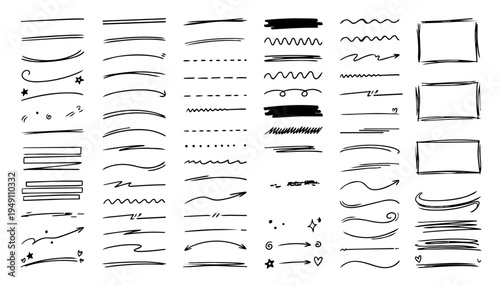 Hand drawn doodle vector set of underlines and highlight marks in playful sketchy ink pen style with clean black outlines isolated on white background
