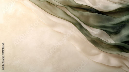 Soft flowing sheer fabric in cream and deep green, abstract background texture