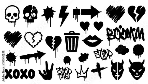 hand-drawn doodle vector set of urban graffiti and street style symbols illustrated in a playful sketchy outline style isolated on white background