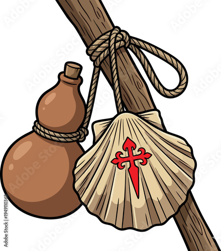 Camino de Santiago pilgrim staff with gourd and scallop shell. vieira, calabaza y bastón