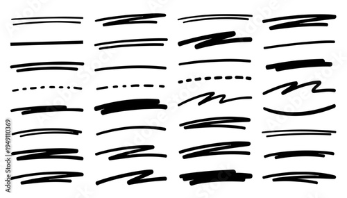 hand-drawn doodle vector set of underlines and highlights illustrated in a playful sketchy outline style isolated on white background