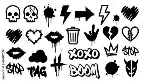 hand-drawn doodle vector set of urban graffiti and street style symbols illustrated in a playful sketchy outline style isolated on white background