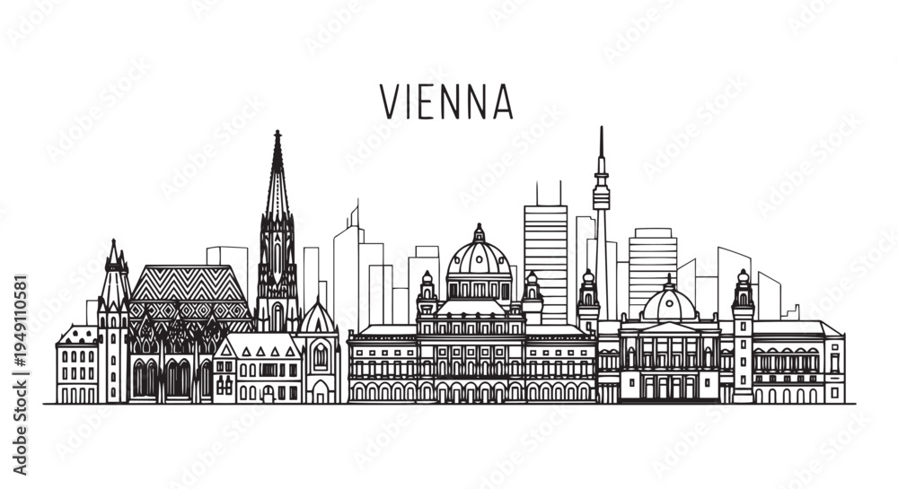 Naklejka premium Vienna Cityscape Line Art Illustration