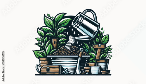 Gardening Tools and Potted Plants Illustration.