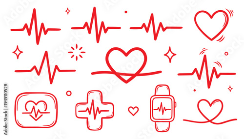 Hand drawn single line doodle vector set of heartbeat and pulse elements in minimal continuous line style isolated on white background