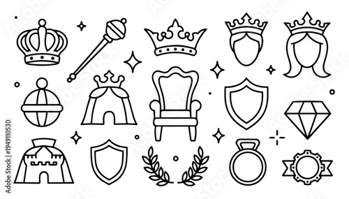 hand-drawn single line doodle vector set of royalty themed elements illustrated in a playful sketchy outline style isolated on white background