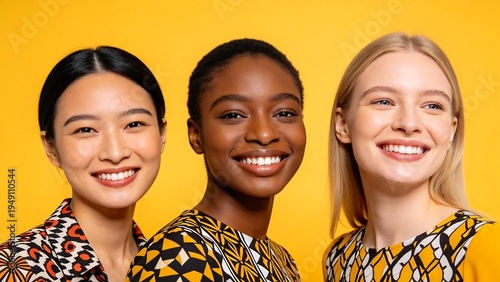 Three women with diverse ethnicities smiling