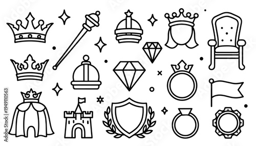 hand-drawn single line doodle vector set of royalty themed elements illustrated in a playful sketchy outline style isolated on white background