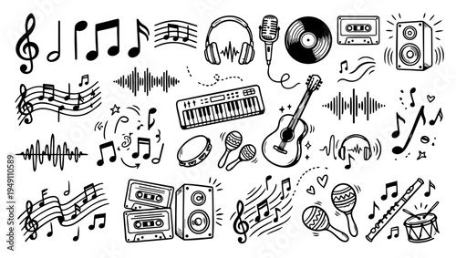 hand-drawn doodle vector set of music doodles illustrated in a playful sketchy outline style isolated on white background