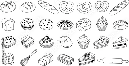 Collection of various baked goods and kitchen tools isolated on transparent background