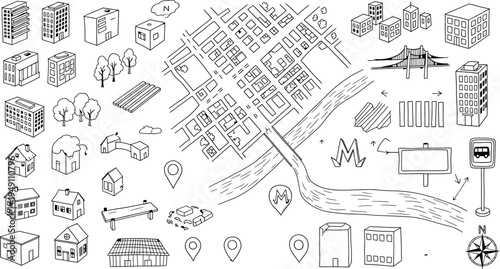 City map illustration with various objects isolated on transparent background