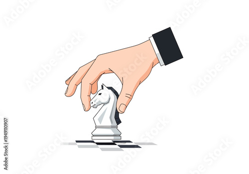 Hand moving a chess knight piece.