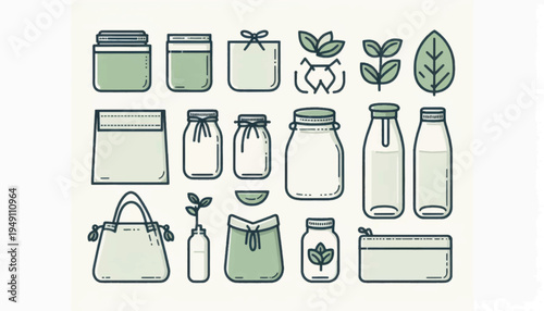 Reusable bags bottles jars and containers illustration.
